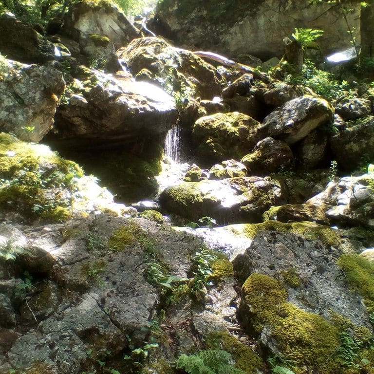 Kleiner Wasserfall zwischen moosbewachsenen Felsen